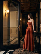 Rust Satin A-Line Straight Neck Backless Floor-Length Bridesmaid Dress with Bow Detail - Curvevia