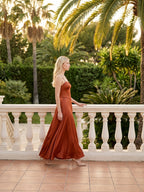 Rust Satin A-Line Straight Neck Backless Floor-Length Bridesmaid Dress with Bow - Curvevia