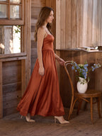Rust Satin A-Line Straight Neck Backless Ankle-Length Bridesmaid Dress - Curvevia