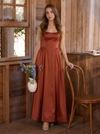 Rust Satin A-Line Straight Neck Backless Ankle-Length Bridesmaid Dress - Curvevia