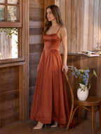 Rust Satin A-Line Straight Neck Backless Ankle-Length Bridesmaid Dress - Curvevia