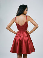 Rust Satin A-Line V-Neck Back Zip Short Dress with Beading - Curvevia