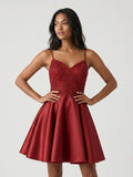 Rust Satin A-Line V-Neck Back Zip Short Dress with Beading - Curvevia