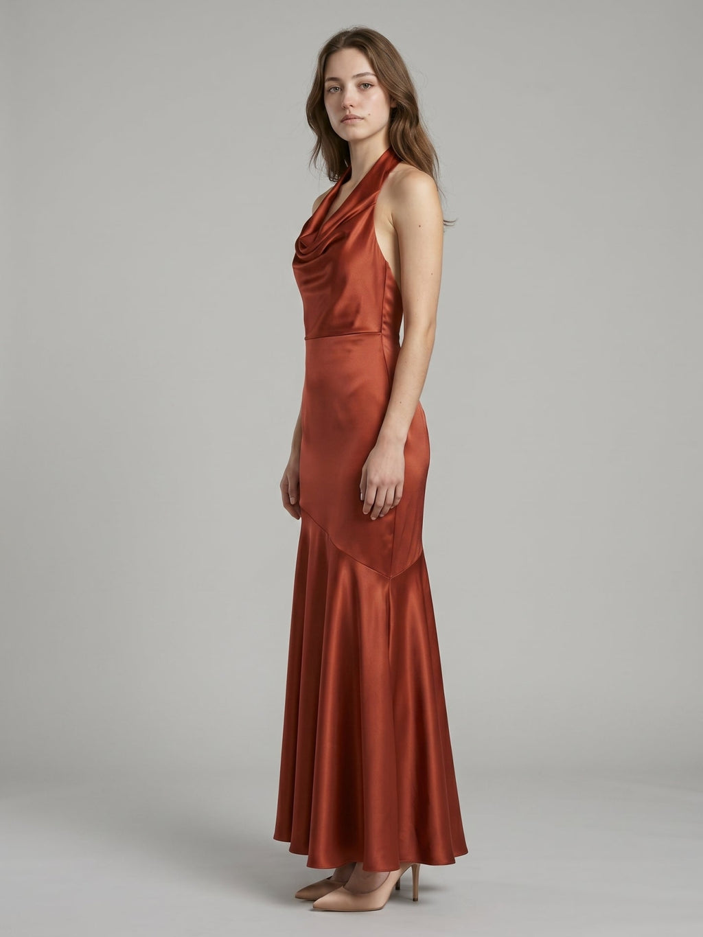 Rust Satin Mermaid Halter Backless Floor-Length Bridesmaid Dress with Cascading Ruffles - Curvevia