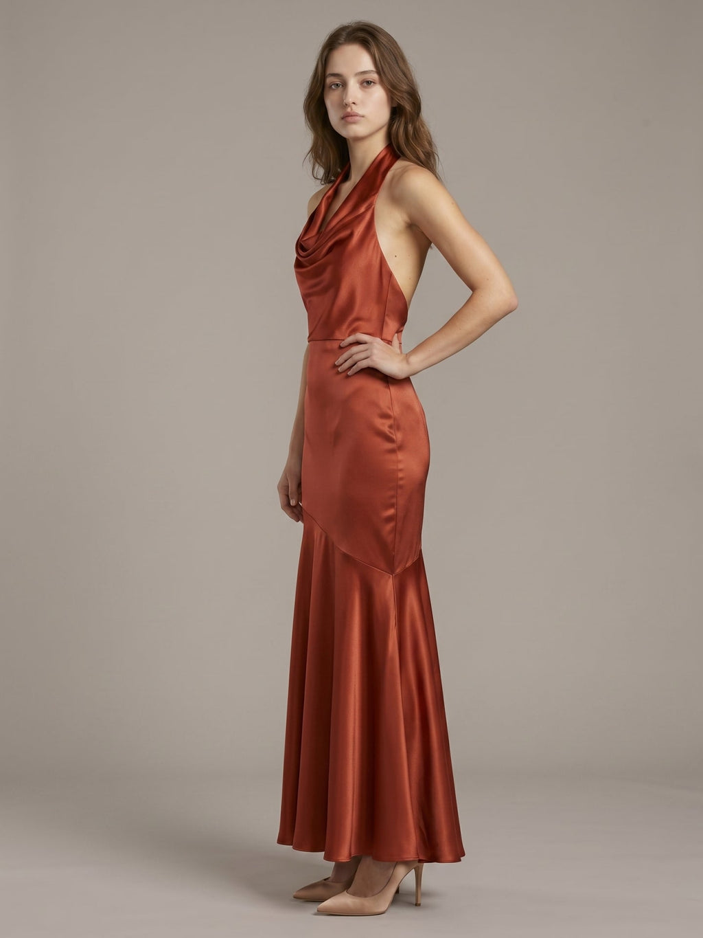 Rust Satin Mermaid Halter Backless Floor-Length Bridesmaid Dress with Cascading Ruffles - Curvevia