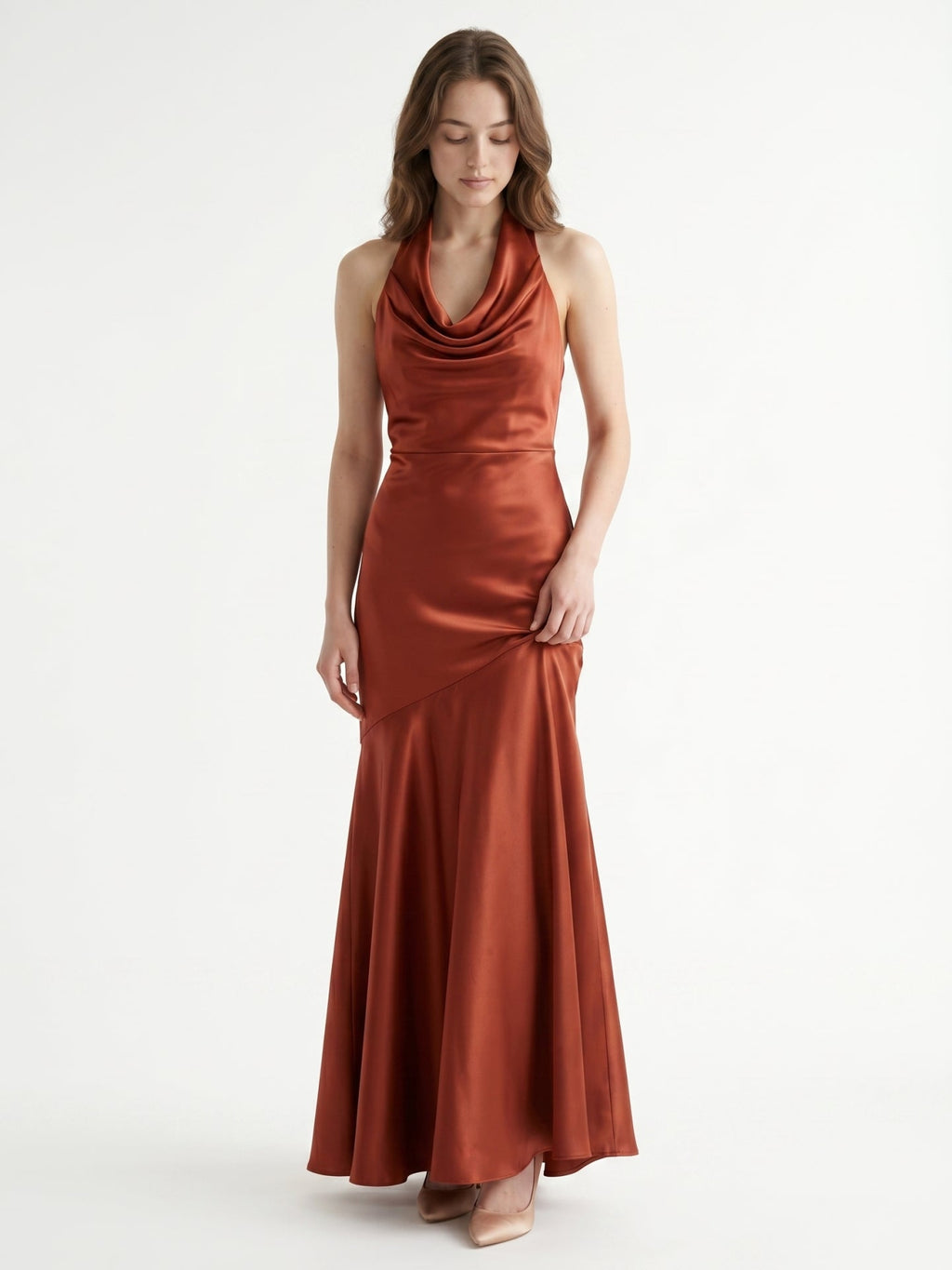 Rust Satin Mermaid Halter Backless Floor-Length Bridesmaid Dress with Cascading Ruffles - Curvevia