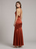 Rust Satin Mermaid Halter Backless Floor-Length Bridesmaid Dress with Cascading Ruffles - Curvevia