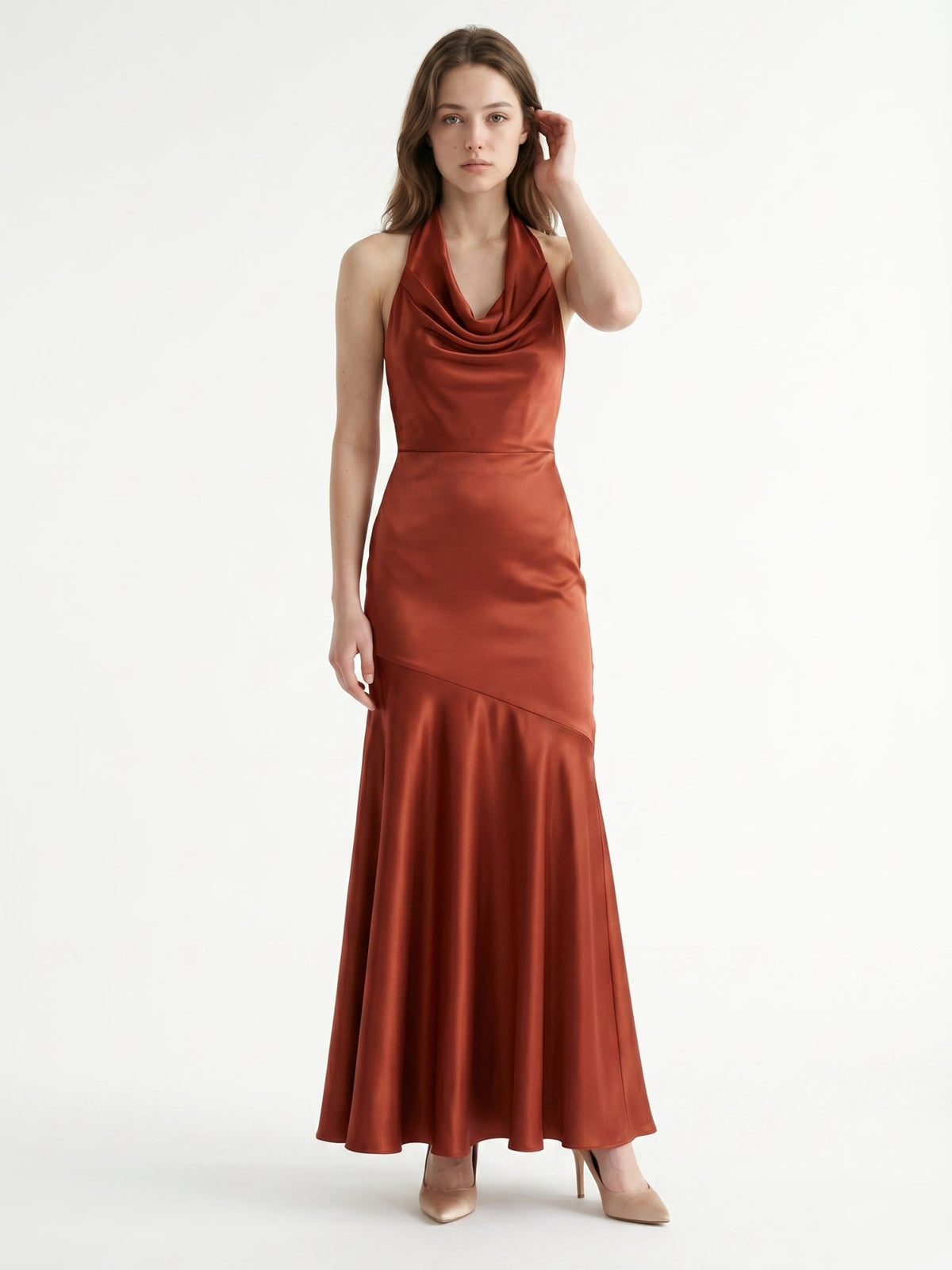 Rust Satin Mermaid Halter Backless Floor-Length Bridesmaid Dress with Cascading Ruffles - Curvevia