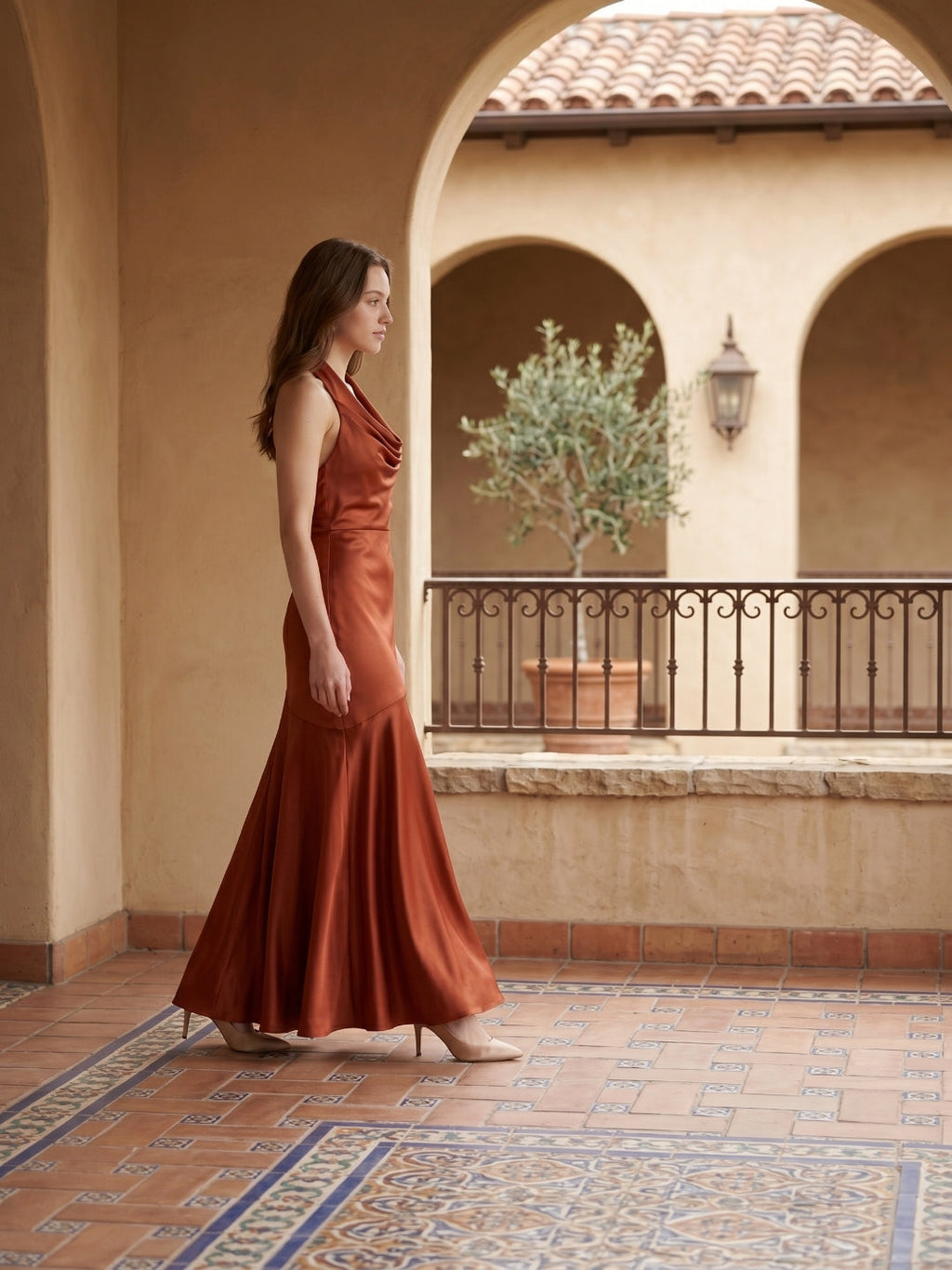 Rust Satin Mermaid Halter Backless Floor-Length Bridesmaid Dress with Cascading Ruffles - Curvevia