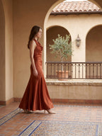 Rust Satin Mermaid Halter Backless Floor-Length Bridesmaid Dress with Cascading Ruffles - Curvevia