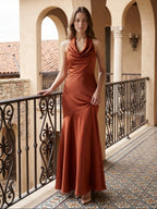 Rust Satin Mermaid Halter Backless Floor-Length Bridesmaid Dress with Cascading Ruffles - Curvevia