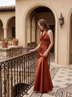Rust Satin Mermaid Halter Backless Floor-Length Bridesmaid Dress with Cascading Ruffles - Curvevia