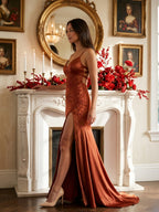 Rust Satin Mermaid V-Neck Backless Floor-Length Prom Dresses - Curvevia