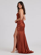 Rust Satin Mermaid V-Neck Backless Floor-Length Prom Dresses - Curvevia