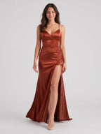 Rust Satin Mermaid V-Neck Backless Floor-Length Prom Dresses - Curvevia