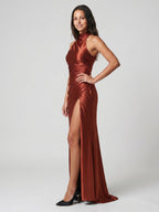 Rust Satin Sheath Halter Back Zip Floor-Length Bridesmaid Dress - Curvevia