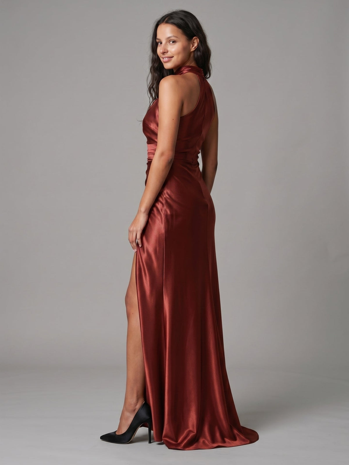 Rust Satin Sheath Halter Back Zip Floor-Length Bridesmaid Dress - Curvevia