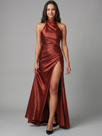 Rust Satin Sheath Halter Back Zip Floor-Length Bridesmaid Dress - Curvevia