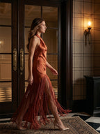 Rust Satin Sheath Halter Neckline Backless Ankle-Length Bridesmaid Dress - Curvevia