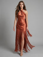 Rust Satin Sheath Halter Neckline Backless Ankle-Length Bridesmaid Dress - Curvevia