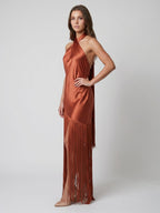 Rust Satin Sheath Halter Neckline Backless Ankle-Length Bridesmaid Dress - Curvevia