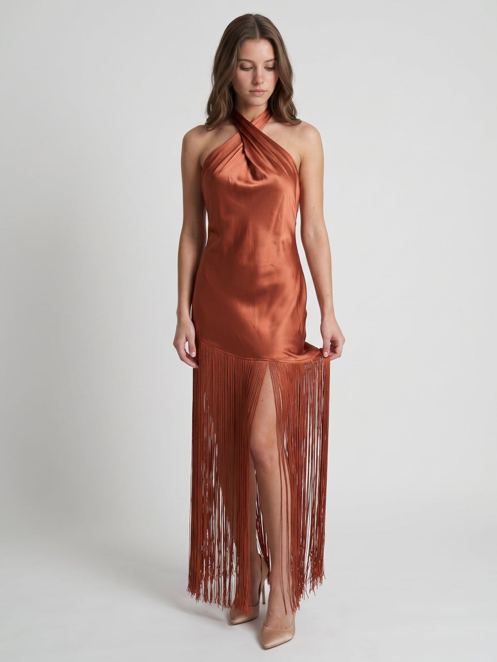Rust Satin Sheath Halter Neckline Backless Ankle-Length Bridesmaid Dress - Curvevia