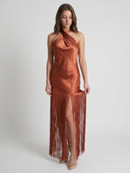 Rust Satin Sheath Halter Neckline Backless Ankle-Length Bridesmaid Dress - Curvevia