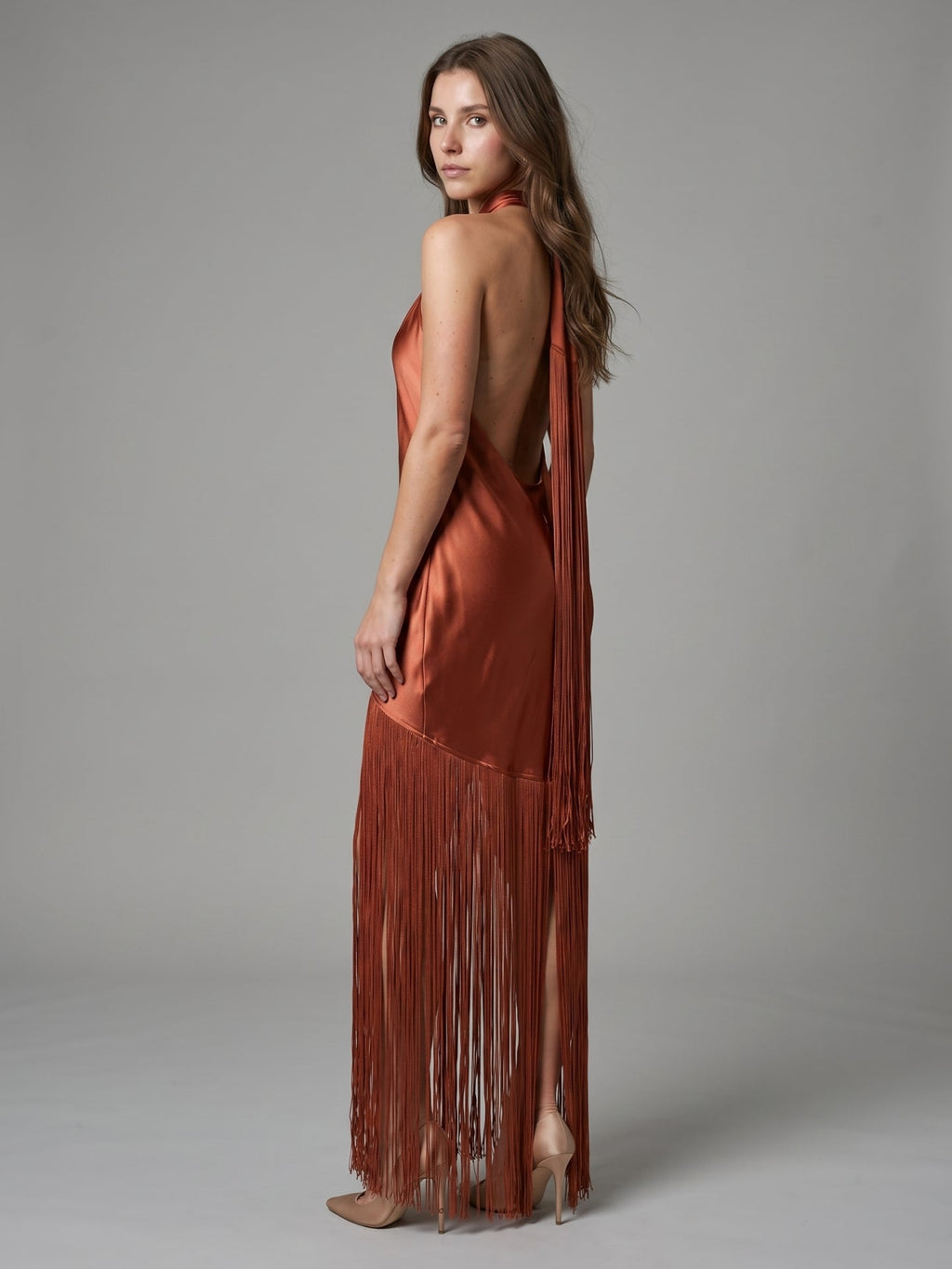 Rust Satin Sheath Halter Neckline Backless Ankle-Length Bridesmaid Dress - Curvevia