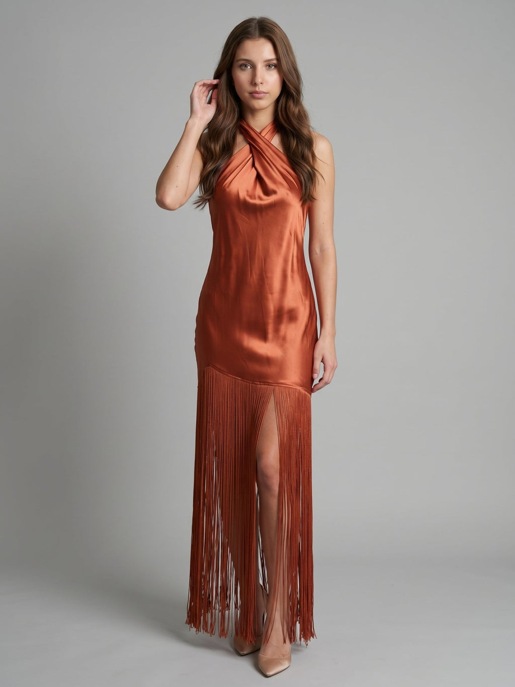Rust Satin Sheath Halter Neckline Backless Ankle-Length Bridesmaid Dress - Curvevia
