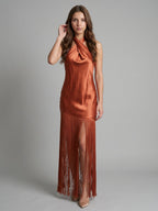 Rust Satin Sheath Halter Neckline Backless Ankle-Length Bridesmaid Dress - Curvevia