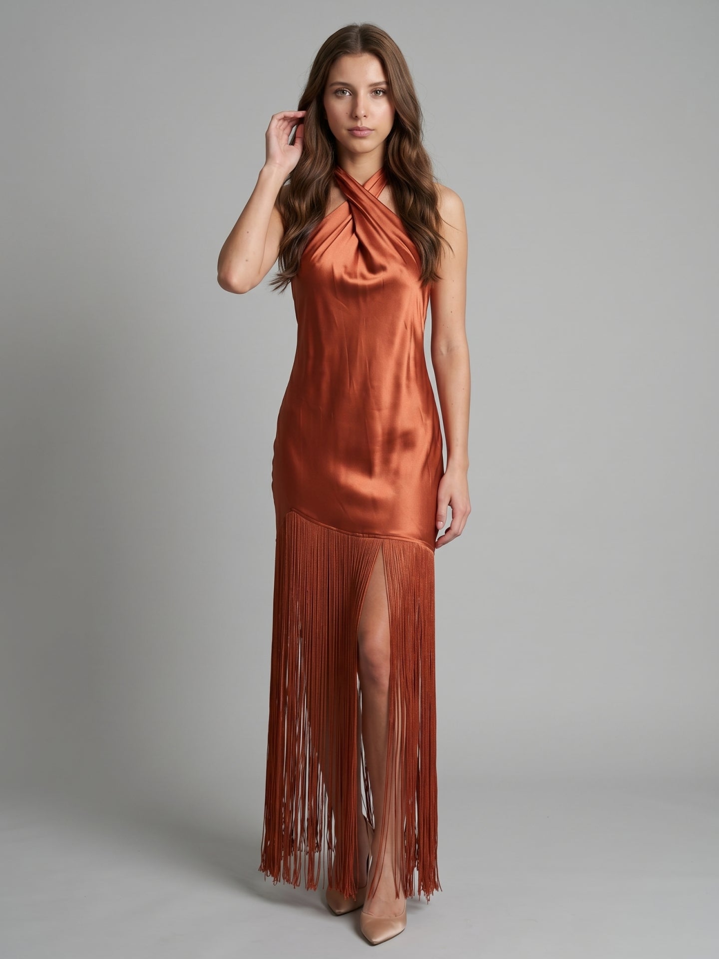 Rust Satin Sheath Halter Neckline Backless Ankle-Length Bridesmaid Dress - Curvevia