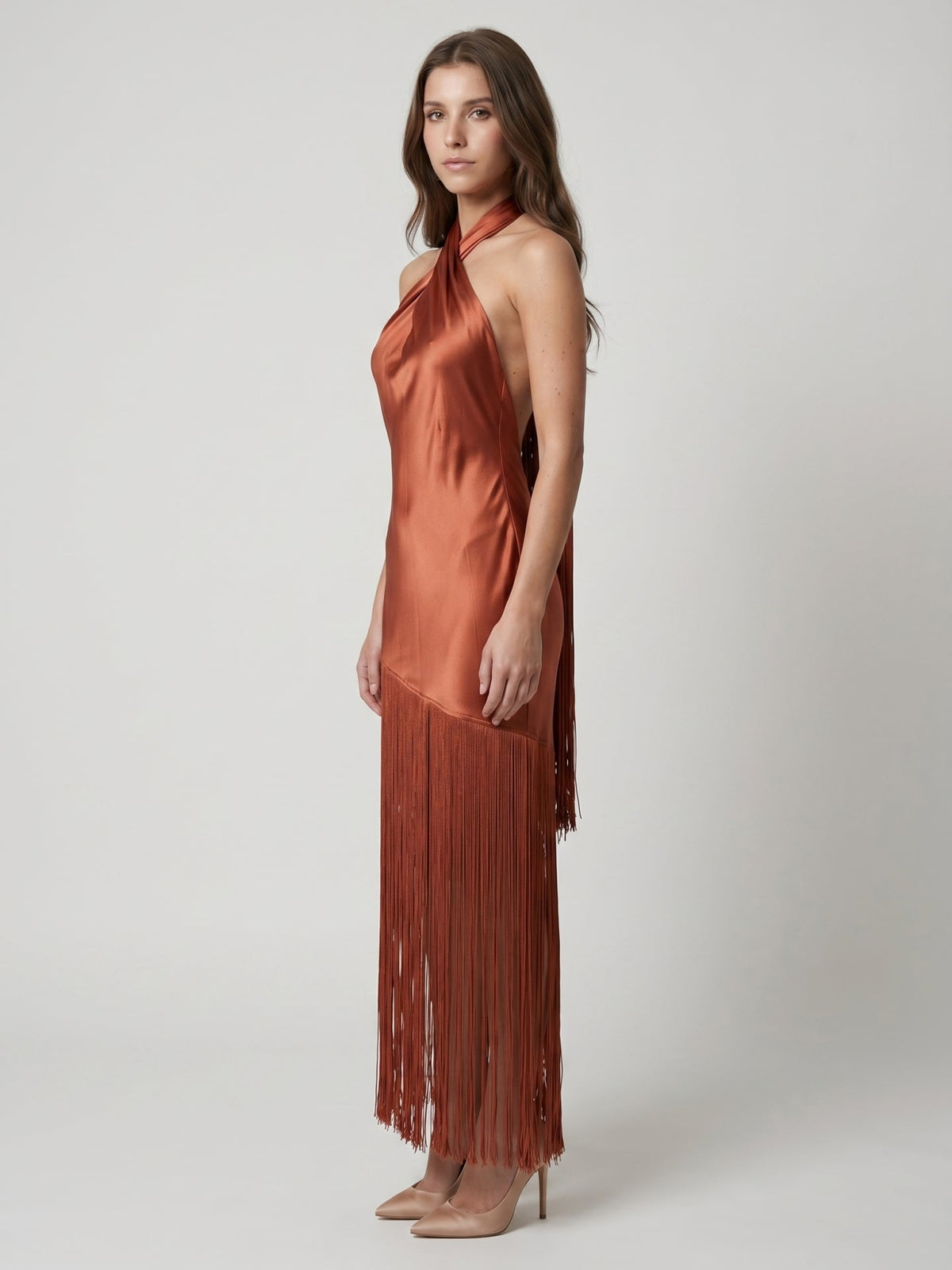 Rust Satin Sheath Halter Neckline Backless Ankle-Length Bridesmaid Dress - Curvevia