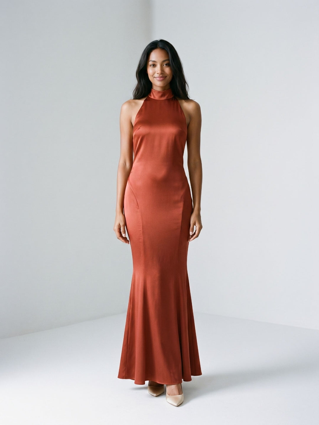 Rust Satin Sheath Halter Neckline Backless Floor-Length Formal Dress with Pleating - Curvevia