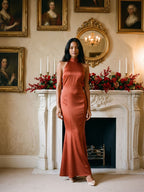 Rust Satin Sheath Halter Neckline Backless Floor-Length Formal Dress with Pleating - Curvevia