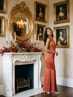 Rust Satin Sheath Halter Neckline Backless Floor-Length Formal Dress with Pleating - Curvevia