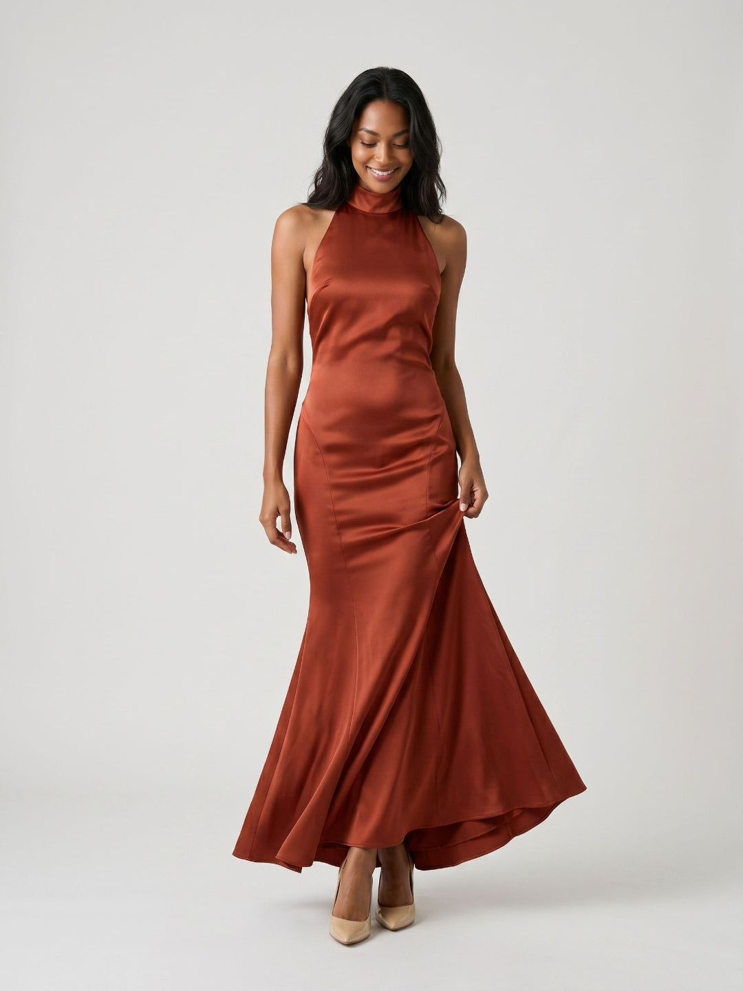 Rust Satin Sheath Halter Neckline Backless Floor-Length Formal Dress with Pleating - Curvevia