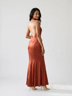 Rust Satin Sheath Halter Neckline Backless Floor-Length Formal Dress with Pleating - Curvevia