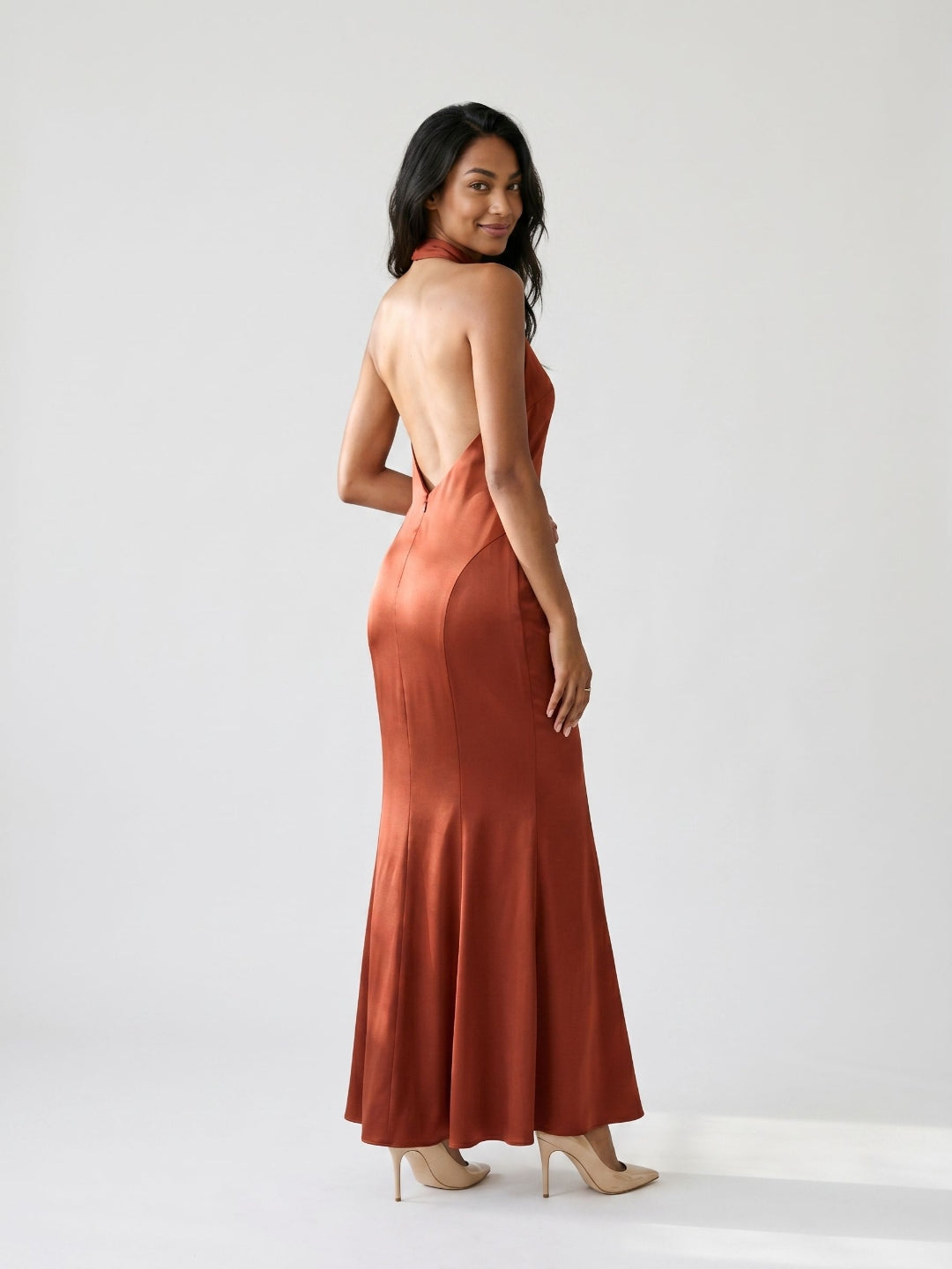 Rust Satin Sheath Halter Neckline Backless Floor-Length Formal Dress with Pleating - Curvevia