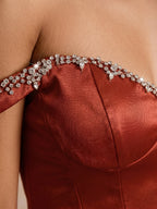Rust Satin Sheath Off-the-Shoulder Back Zip Short Homecoming Dress with Beading - Curvevia