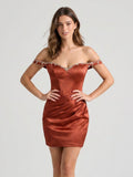 Rust Satin Sheath Off-the-Shoulder Back Zip Short Homecoming Dress with Beading - Curvevia
