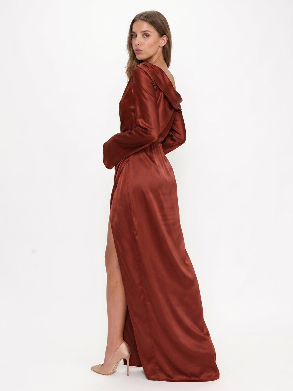 Rust Satin Sheath One Shoulder Floor-Length Bridesmaid Dress - Curvevia