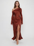 Rust Satin Sheath One Shoulder Floor-Length Bridesmaid Dress - Curvevia