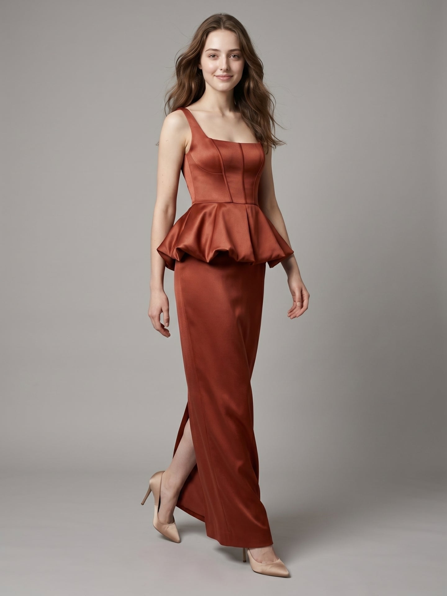 Rust Satin Sheath Square Neck Backless Ankle-Length Bridesmaid Dress with Ruffle - Curvevia