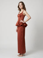 Rust Satin Sheath Square Neck Backless Ankle-Length Bridesmaid Dress with Ruffle - Curvevia