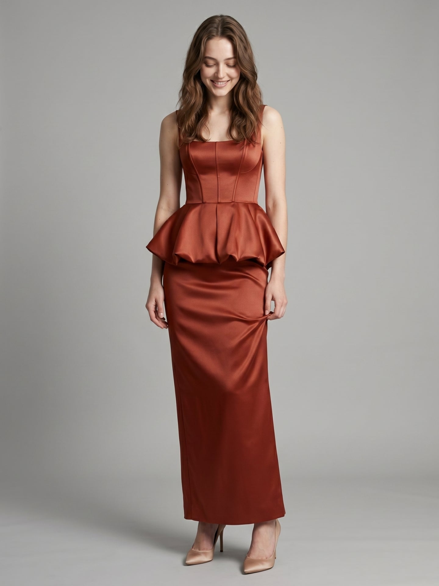 Rust Satin Sheath Square Neck Backless Ankle-Length Bridesmaid Dress with Ruffle - Curvevia