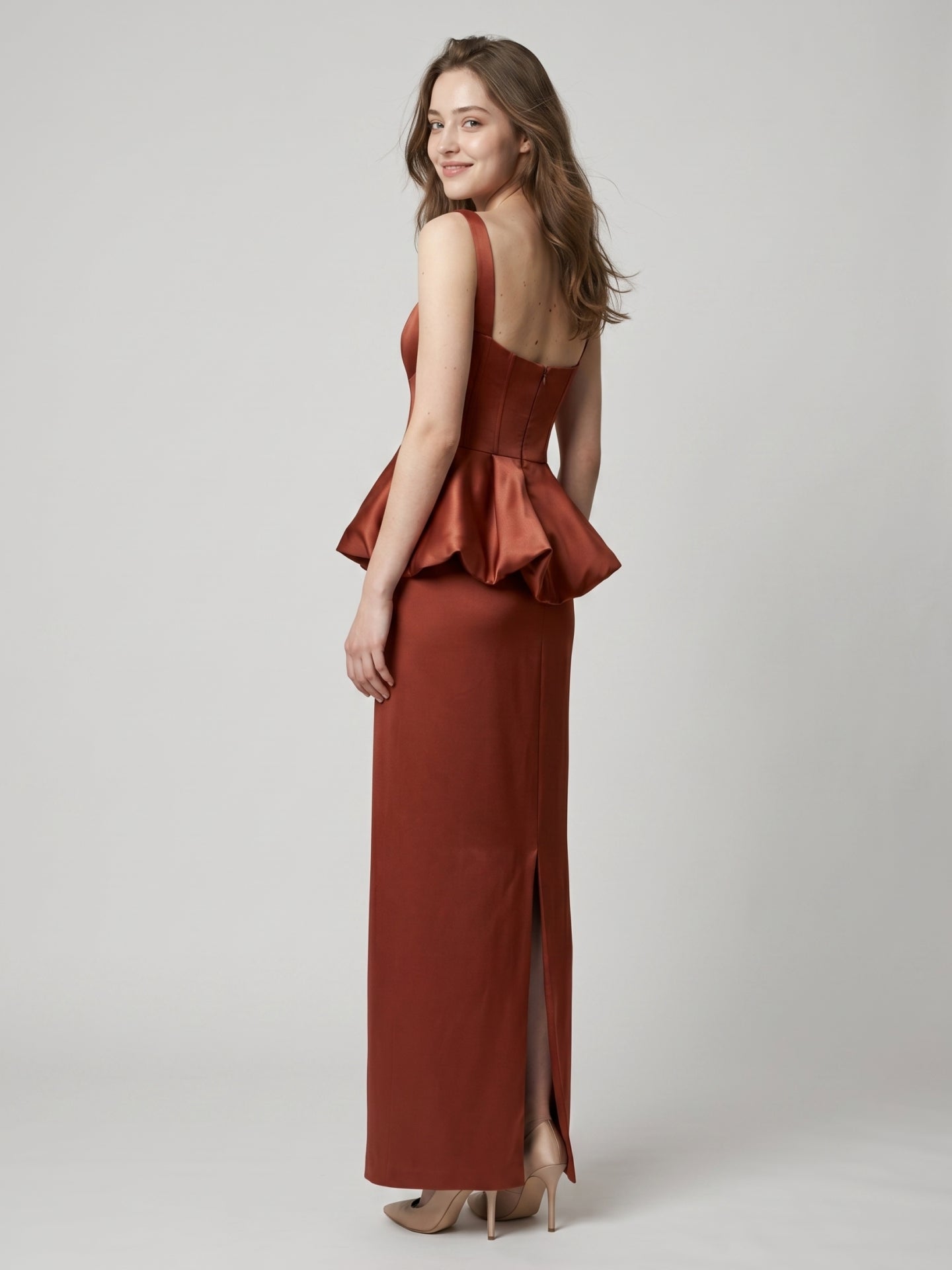 Rust Satin Sheath Square Neck Backless Ankle-Length Bridesmaid Dress with Ruffle - Curvevia