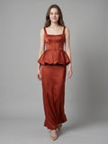 Rust Satin Sheath Square Neck Backless Ankle-Length Bridesmaid Dress with Ruffle - Curvevia