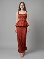 Rust Satin Sheath Square Neck Backless Ankle-Length Bridesmaid Dress with Ruffle - Curvevia