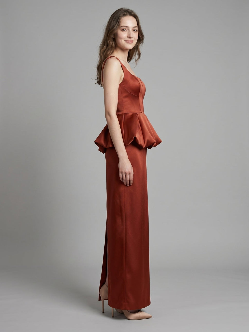Rust Satin Sheath Square Neck Backless Ankle-Length Bridesmaid Dress with Ruffle - Curvevia