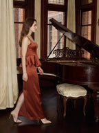 Rust Satin Sheath Square Neck Backless Ankle-Length Bridesmaid Dress with Ruffle - Curvevia